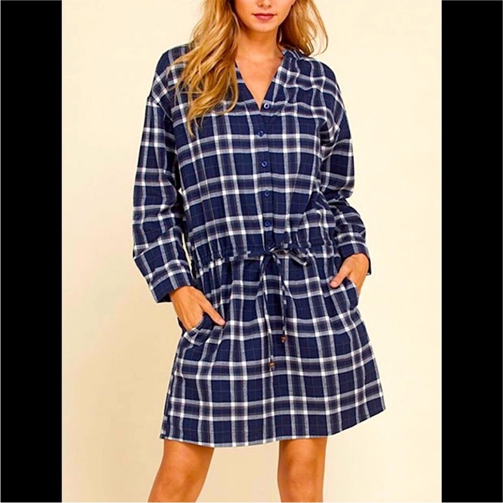 Annabelle navy white gray flannel plaid pocket shirt dress size Large - Picture 2 of 10